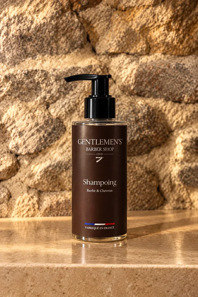 Flacon pompe de shampoing barbe et cheveux Gentlemen’s, devant le mur en pierre